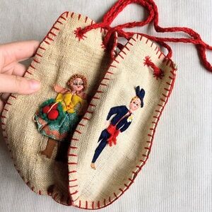 Vintage Handmade Portuguese Folk Art Four Dancers Embroidery Cloth Bag Purse